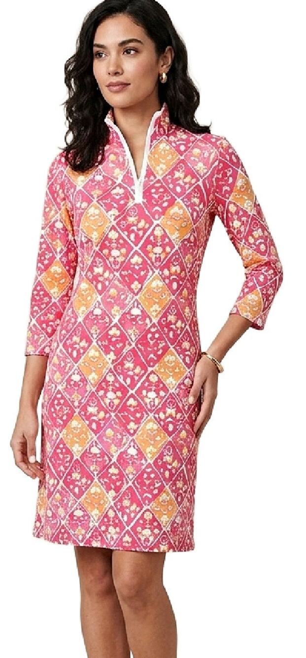J. McLaughlin Bedford Catalina Dress XS Zip Mock Neck 3/4 Sleeve Pink Orange